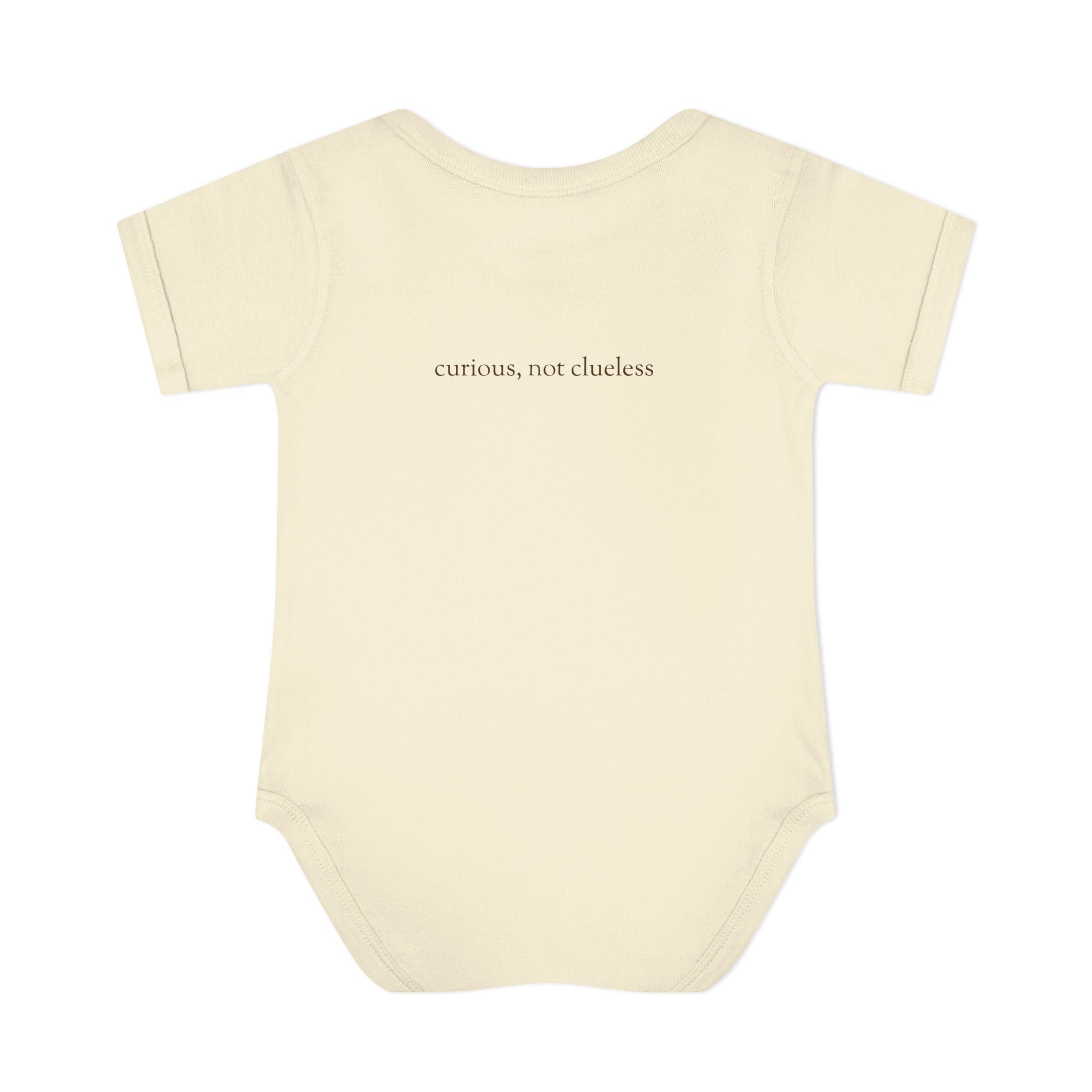 Curious Bashii Personalized Baby Bodysuit “Curious, Not Clueless” Back Print